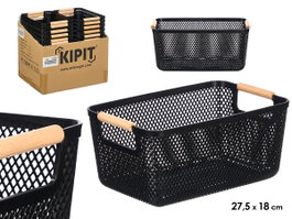 KIPIT Cesta de plástico con asa de bambú Negra 27,5x18cm