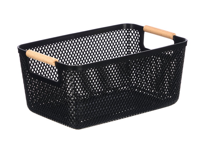 KIPIT Cesta de plástico con asa de bambú Negra 27,5x18cm
