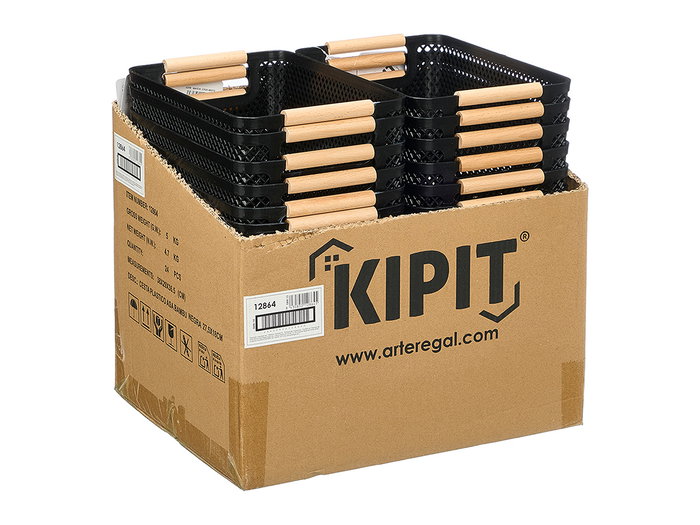 KIPIT Cesta de plástico con asa de bambú Negra 27,5x18cm