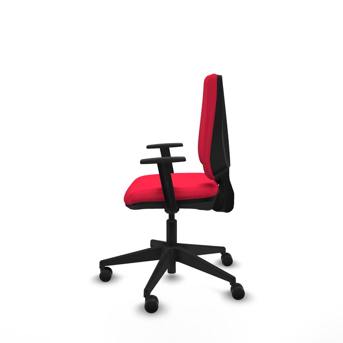Silla de oficina Elche con mecanismo Contacto permanente básico tapizada con Tela color Rojo. Equipada con Base piramidal negra, Brazos 1D y Ruedas 65mm nailon