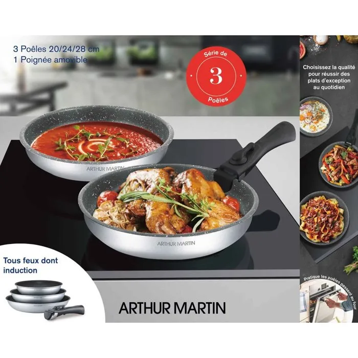 Arthur Martin AM521S - Juego de 3 Sartenes de Aluminio Antiadherente para Inducción 20-24-28 cm con Mango Extraíble