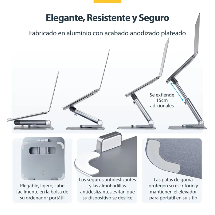 StarTech.com Soporte Elevador para Portátil ATER-LAPTOP-RISER - Giratorio 360°, Altura Ajustable hasta 12.5 cm, Plataforma Ventilada de Aluminio, Plata