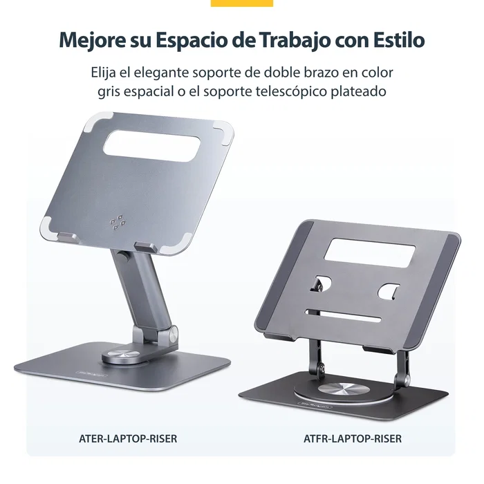 StarTech.com Soporte Elevador para Portátil ATER-LAPTOP-RISER - Giratorio 360°, Altura Ajustable hasta 12.5 cm, Plataforma Ventilada de Aluminio, Plata