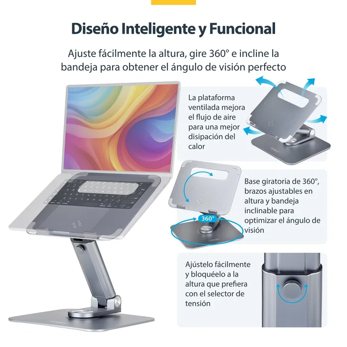 StarTech.com Soporte Elevador para Portátil ATER-LAPTOP-RISER - Giratorio 360°, Altura Ajustable hasta 12.5 cm, Plataforma Ventilada de Aluminio, Plata
