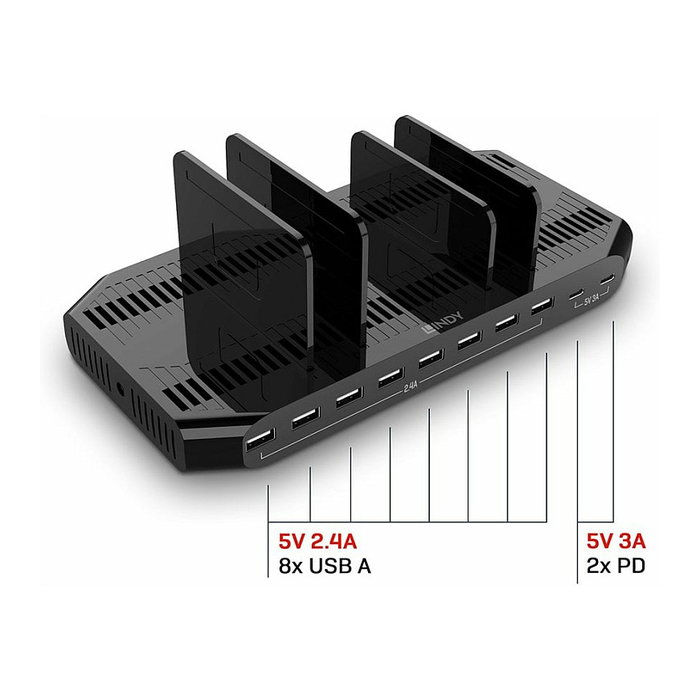 Lindy Estación de Carga USB de 120W con 10 Puertos (8x USB-A y 2x USB-C)