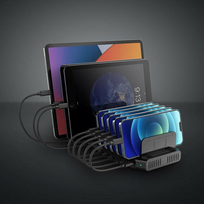 Lindy Estación de Carga USB 120W con 8 Puertos Tipo A y 2 Tipo C, Carga Rápida QC 3.0 y BC 1.2