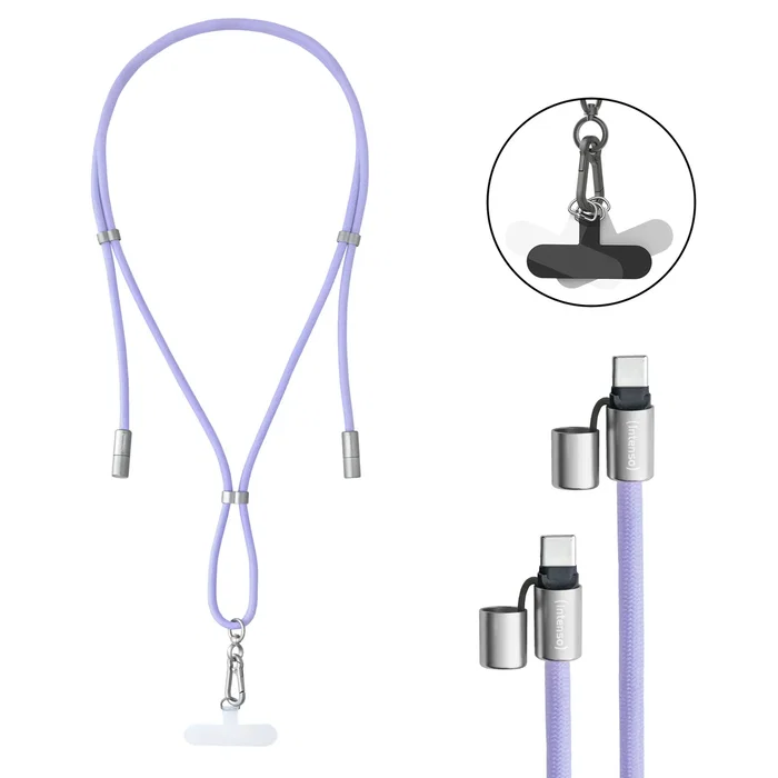 Intenso 7991003 - Collar de Teléfono 2 en 1 con Cable USB-C a USB-C 1.65m para Carga Rápida hasta 60W PD/QC, Color Púrpura