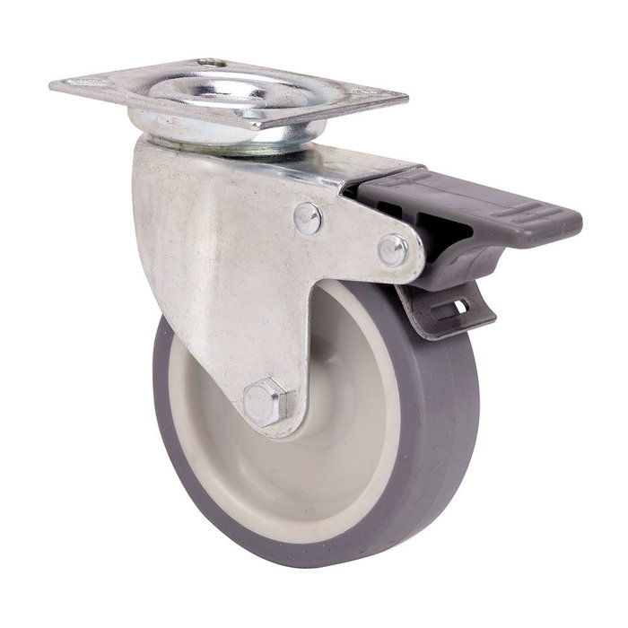 Ruedas Alex Rueda giratoria con placa, eje liso y freno, gris, 40 kg, Ø 5 cm Ruedas Alex Rueda giratoria con placa, eje liso y freno, gris, 40 kg, Ø 5 cm