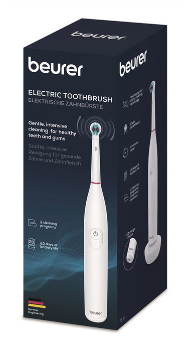 Beurer TB-30 Cepillo Dental Eléctrico Blanco, 2 Programas Limpieza y Encías Sensibles, Tecnología Oscilante y Pulsátil, Temporizador 2 Minutos