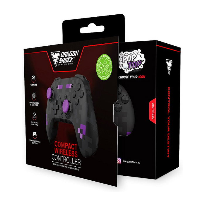 DragonShock Poptop Wireless Gamepad para Nintendo Switch y PC, Botones Programables, Negro, Conectividad Bluetooth, Interfaz USB Tipo-C