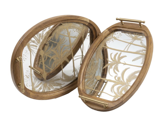 DKD Home Decor Set de 2 Bandejas de Acacia y Cristal Palmeras Marrón y Dorado