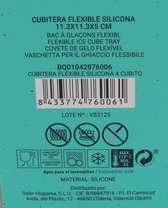 Quttin Cubitera Flexible de Silicona para 4 Cubitos de Hielo 11.3x11.3x5 cm (24 Unidades)