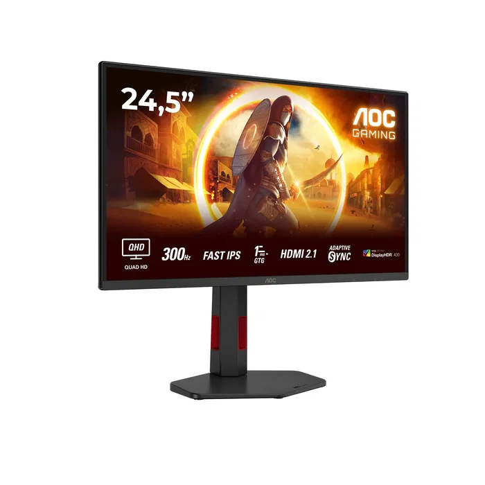 AOC Monitor Gaming G4 Q25G4SR 24.5" (62.2 cm) QHD 2560x1440 Fast IPS, 300Hz, 1ms, HDR400, AMD FreeSync, 2xHDMI 2.1, DisplayPort 1.4, Altavoces, Soporte Ergonómico - Negro/Rojo
