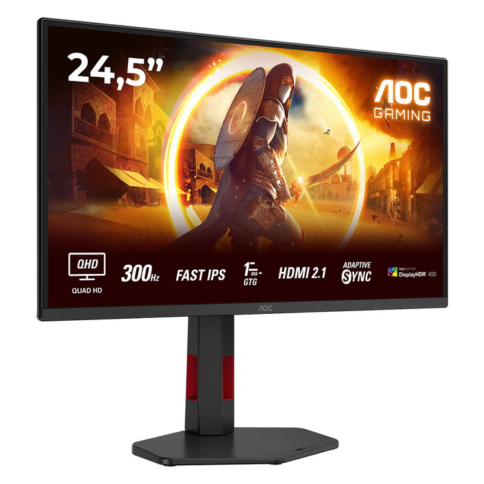 AOC Q25G4SR - Monitor Gaming 24.5" (62.2 cm) QHD 2560x1440 Fast IPS 300Hz 1ms GTG AMD FreeSync Premium HDR400, 2x HDMI 2.1, DisplayPort 1.4, Altavoces, Negro/Rojo
