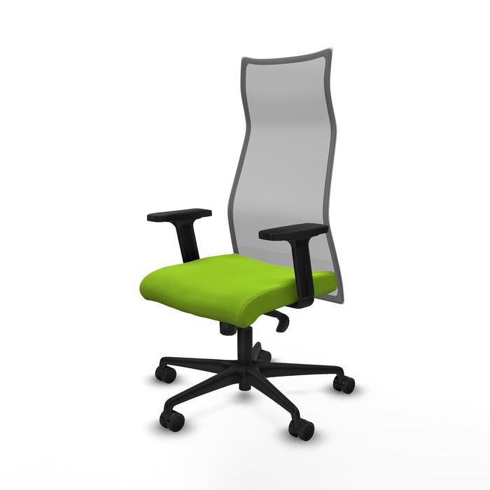 Sillón Albacete con mecanismo Sincro tapizada con Similpiel color Pistacho y malla color Gris. Equipado con Base nailon negra, Brazos 2D y Ruedas 65mm nailon