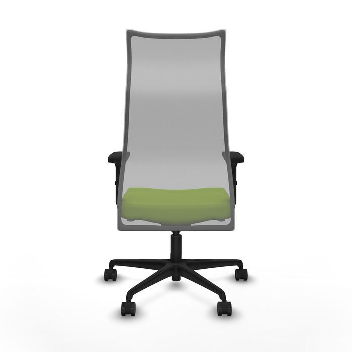 Sillón Albacete con mecanismo Sincro tapizada con Similpiel color Pistacho y malla color Gris. Equipado con Base nailon negra, Brazos 2D y Ruedas 65mm nailon