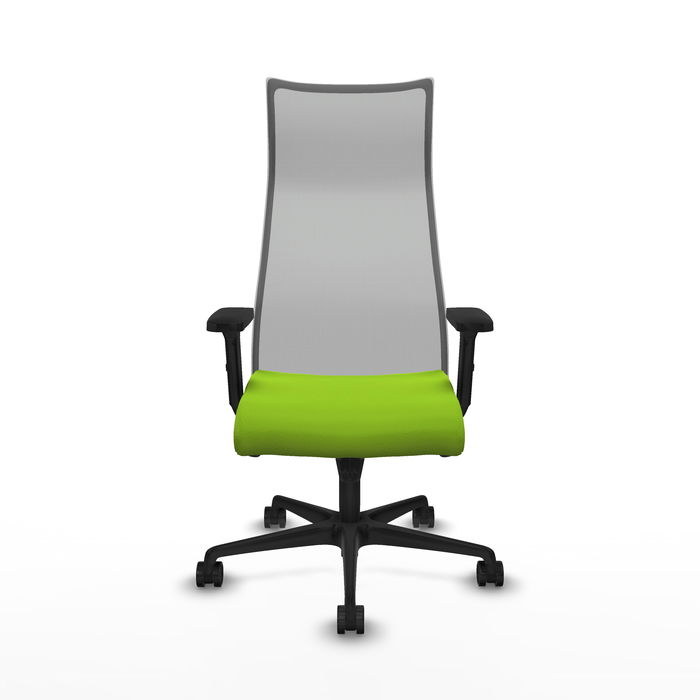 Sillón Albacete con mecanismo Sincro tapizada con Similpiel color Pistacho y malla color Gris. Equipado con Base nailon negra, Brazos 2D y Ruedas 65mm nailon