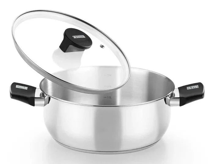 Monix M240318 Cacerola Acero Inoxidable Ø18cm con Tapa de Vidrio, Fondo Difusor Aluminio 4.5mm, Apta para Inducción