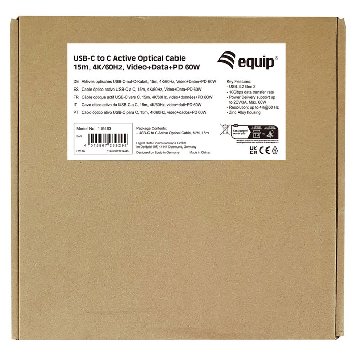 EQUIP Cable Óptico Activo USB-C a USB-C 15m 60W 4K/60Hz EQUIP Cable Óptico Activo USB-C a USB-C 15m 60W 4K/60Hz