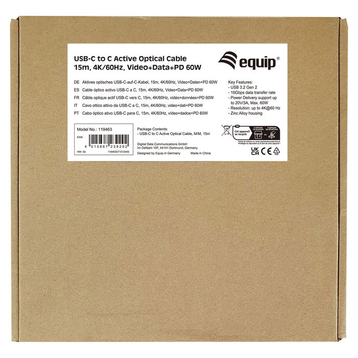 EQUIP Cable USB-C a USB-C 119463, 15m, USB 3.2 Gen 2 (10Gbps), 60W PD, 4K@60Hz, DisplayPort Alt Mode, Negro