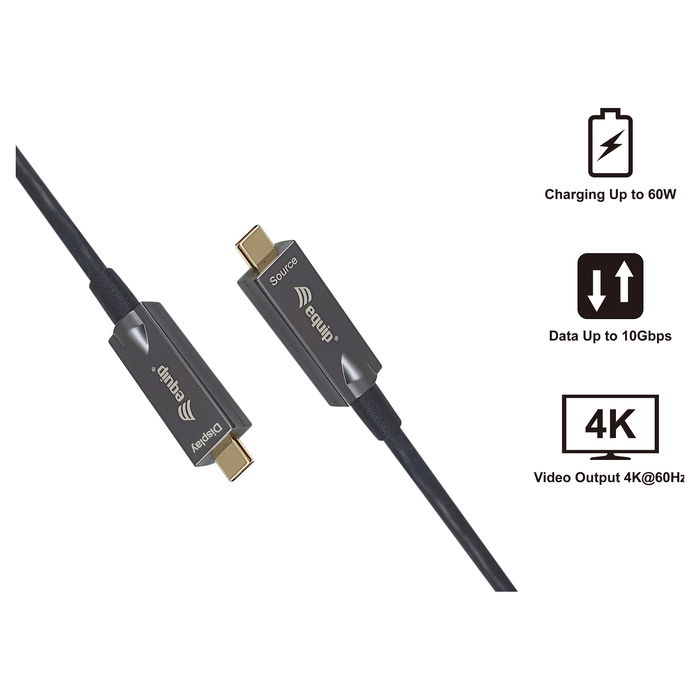 EQUIP Cable USB-C a USB-C 119463, 15m, USB 3.2 Gen 2 (10Gbps), 60W PD, 4K@60Hz, DisplayPort Alt Mode, Negro
