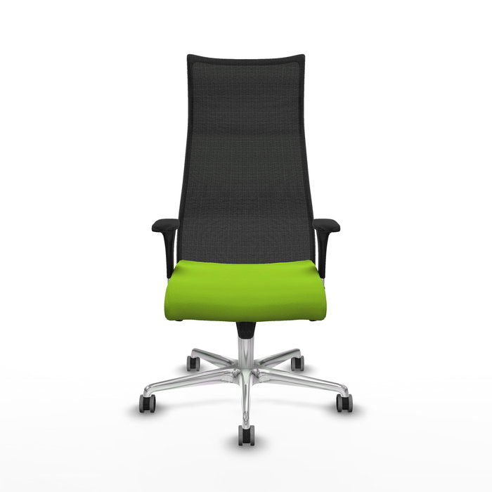 Sillón Albacete con mecanismo Sincro tapizada con Similpiel color Pistacho y malla color Negro. Equipado con Base aluminio, Brazos 1D y Ruedas 65 mm parqué