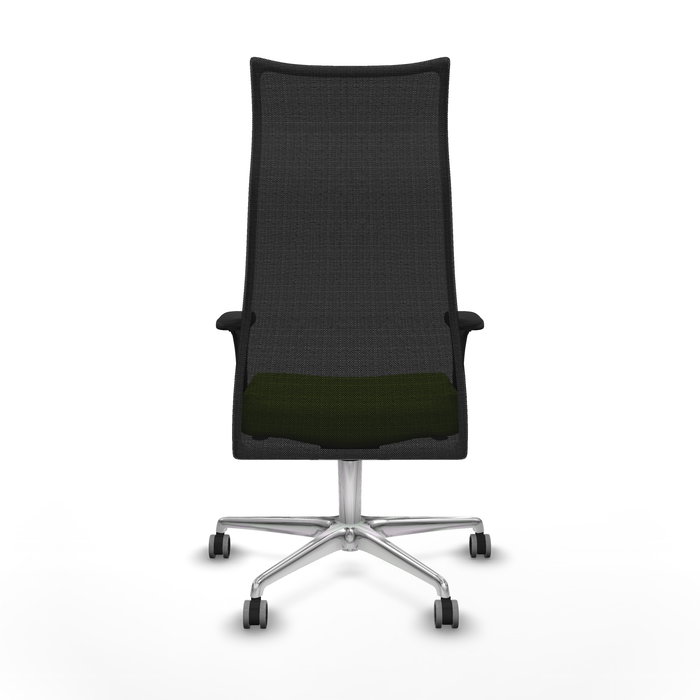 Sillón Albacete con mecanismo Sincro tapizada con Similpiel color Pistacho y malla color Negro. Equipado con Base aluminio, Brazos 1D y Ruedas 65 mm parqué