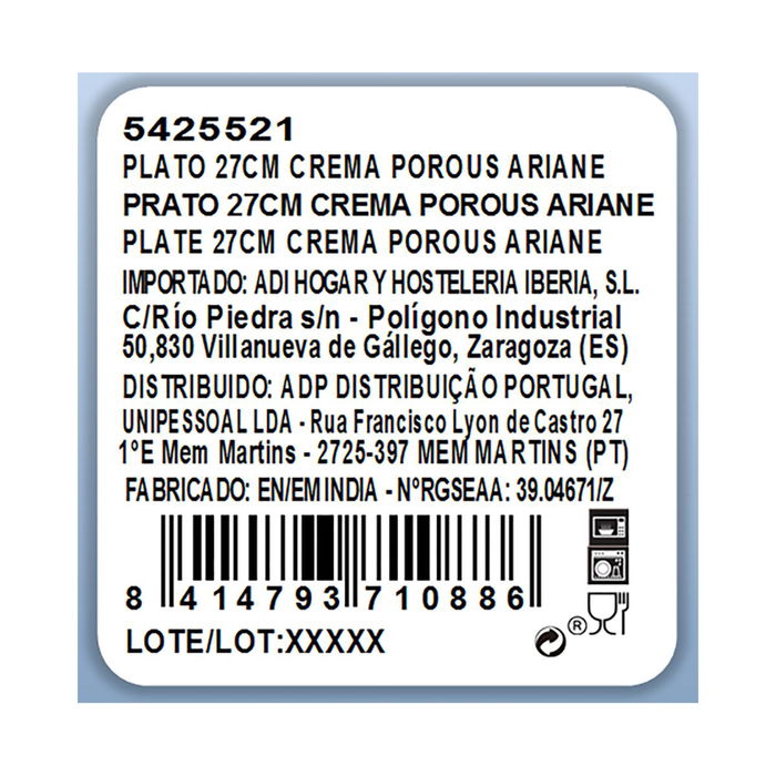 Plato Porcelana Reforzada Porous Ariane 27 cm