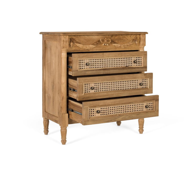 GINER Y COLOMER Cómoda de madera maciza de teca con 3 cajones de rejilla 80 cm
