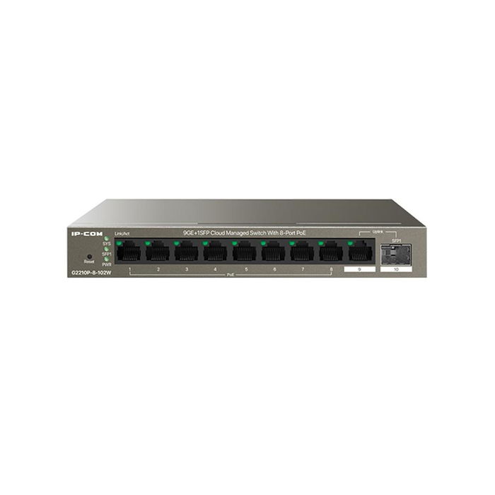 IP-COM G2210P-8-102W Switch Administrado en la Nube, 8 Puertos PoE Gigabit + 1 SFP, 92W, Gestión Web y App, QoS, VLAN, 250m
