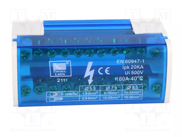 PAWBOL Bloque de Distribución 160A 500V con 22 Bornas