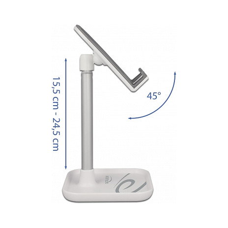 DeLOCK Soporte telescópico para smartphones y tabletas con almacenamiento, Plata y Blanco