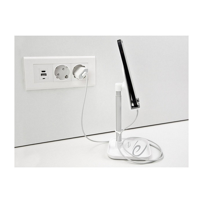 DeLOCK Soporte telescópico para smartphones y tabletas con almacenamiento, Plata y Blanco