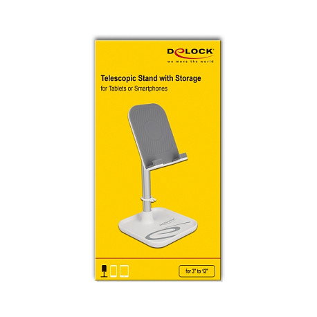 DeLOCK Soporte telescópico para smartphones y tabletas con almacenamiento, Plata y Blanco