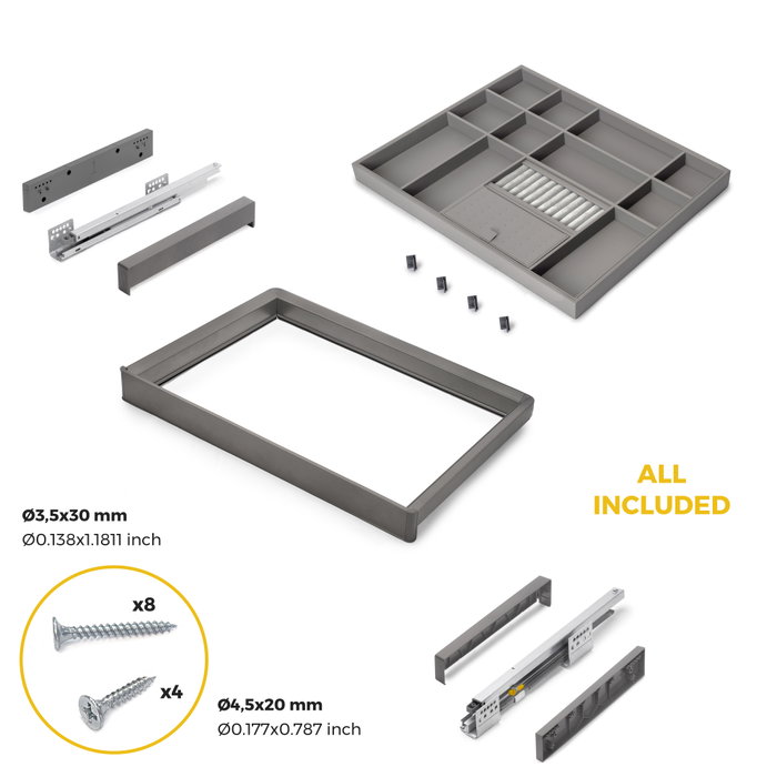 Emuca Kit de cajón organizador y bastidor regulable Quartz para armarios, guías de cierre suave y extracción total, Módulo 70cm, Acabado Titanio