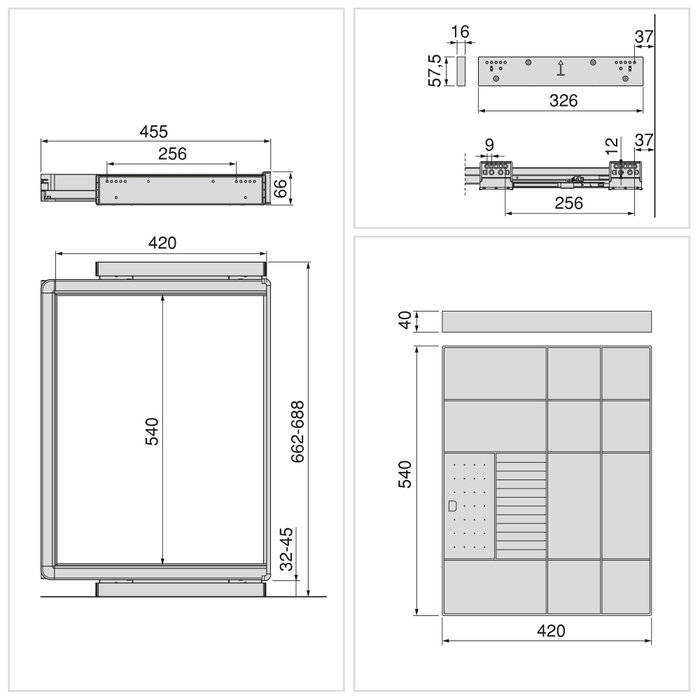 Emuca Kit de cajón organizador y bastidor regulable Quartz para armarios, guías de cierre suave y extracción total, Módulo 70cm, Acabado Titanio
