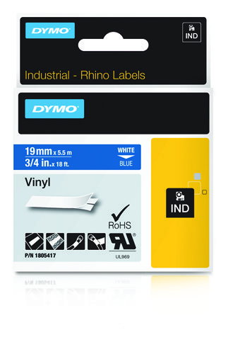 DYMO Rhino ID1 Cinta de Vinilo Blanco sobre Azul 19mm 5,5m