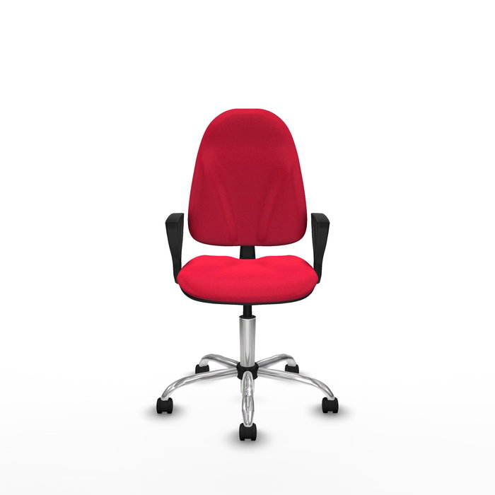 Silla de oficina Algarra con mecanismo Contacto permanente básico tapizada con Tela color Rojo. Equipada con Base cromada, Brazos fijos y Ruedas de nailon 50 mm