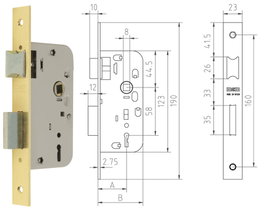 MCM Cerradura de embutir 1508-2-35 con picaporte y llave de borja, acabado latón