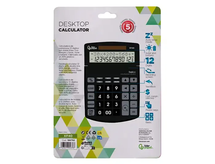 Liderpapel Calculadora Sobremesa XF40 12 Dígitos Solar y Pilas Negro 40% Reciclada 175x120x30 mm