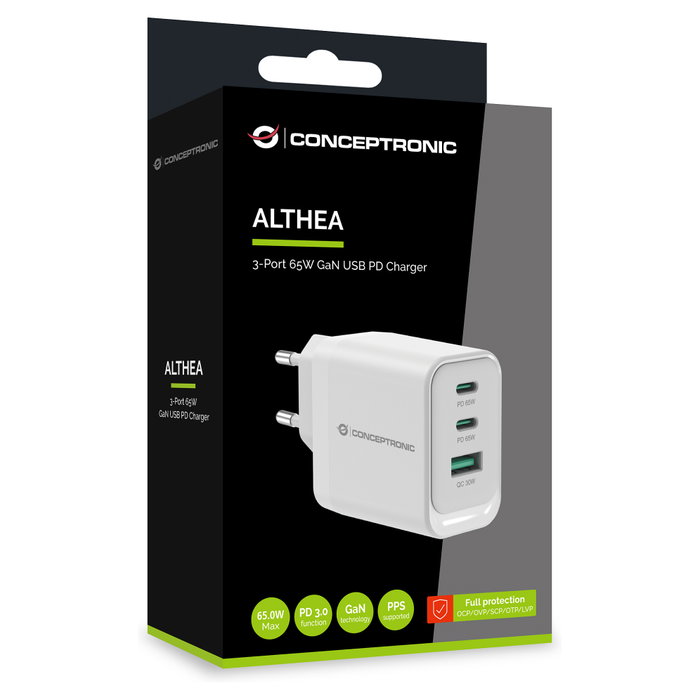 Conceptronic Cargador de pared ALTHEA21W65 65W 2x USB-C 1x USB-A Blanco