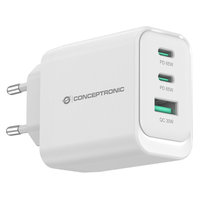 Conceptronic Cargador de pared ALTHEA21W65 65W 2x USB-C 1x USB-A Blanco