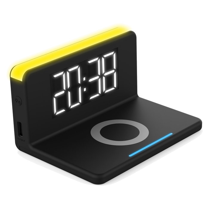 Terratec ChargeAir Reloj Despertador Digital con Puerto de Carga USB, Retroiluminación, Negro/Amarillo, 140x75x100 mm