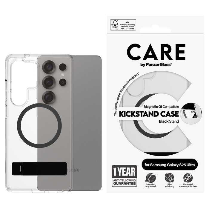 PanzerGlass CARE Case con Soporte Kickstand y Carga QI, Transparente, Compatible con Samsung Galaxy S25 Ultra