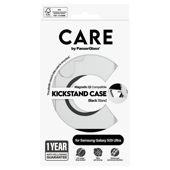 PanzerGlass CARE Case con Soporte Kickstand y Carga QI, Transparente, Compatible con Samsung Galaxy S25 Ultra