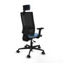 Silla de oficina Bormate con mecanismo Asincro tapizada con Tela color Azul cielo y malla color Negro. Equipada con lumbar 1D, Brazos 2D, Cabecero 2D y Ruedas 65mm nailon