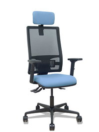 Silla de oficina Bormate con mecanismo Asincro tapizada con Tela color Azul cielo y malla color Negro. Equipada con lumbar 1D, Brazos 2D, Cabecero 2D y Ruedas 65mm nailon