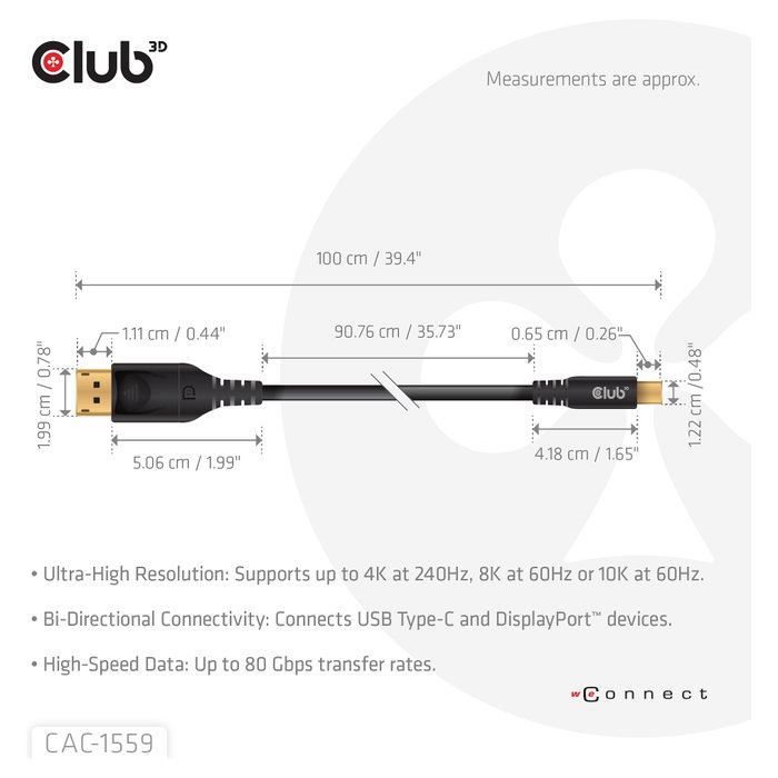 Club 3D Cable USB Tipo C a DisplayPort 2.1 1m Club 3D Cable USB Tipo C a DisplayPort 2.1 1m