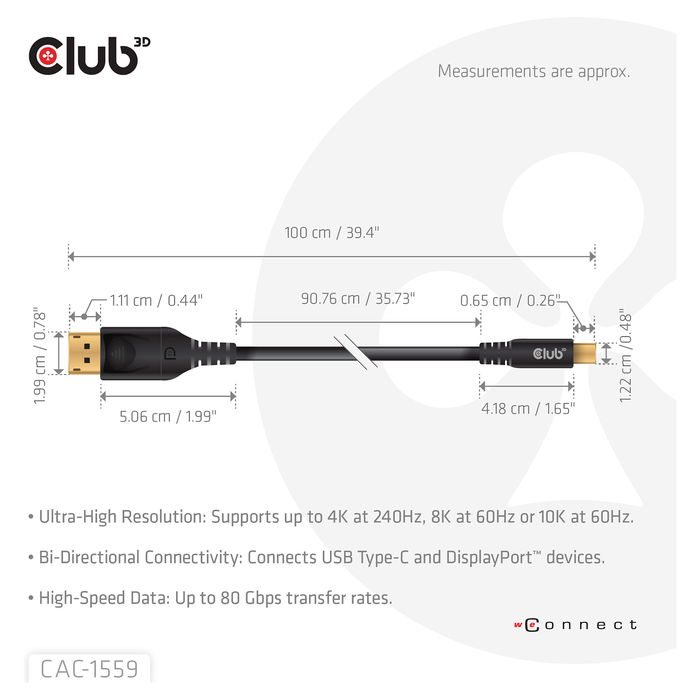 Club 3D Cable USB Tipo C a DisplayPort 2.1 1m 10K@60Hz