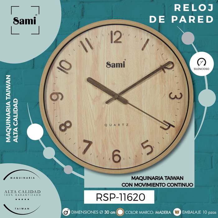SAMI Reloj de Pared Redondo SAMI RED, 30 cm, Color Madera Claro